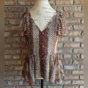 Anthropologie Odille Marching Annuals Feather Patterned 100% Silk Blouse.